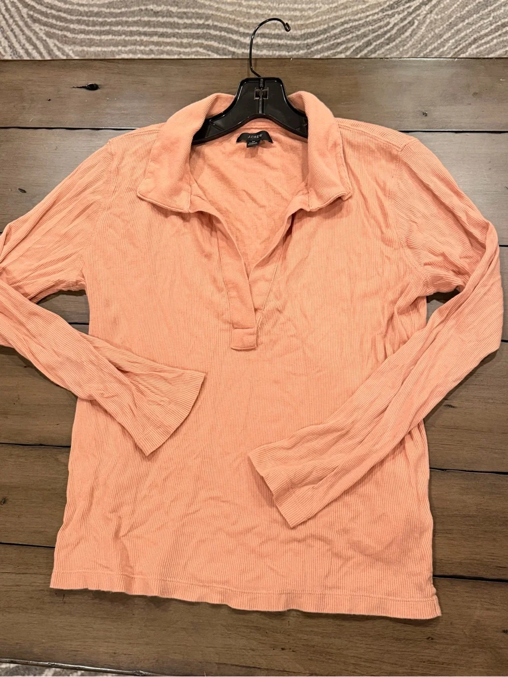 J. Crew Peachy Neutral Long-Sleeve Open-Collar Ribbed Polo T Shirt #446